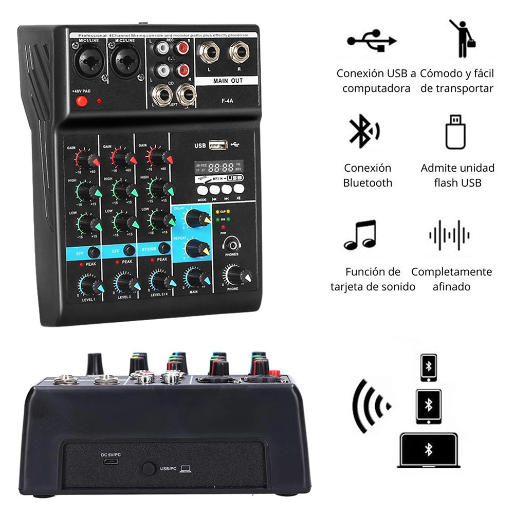 Consola Mezcladora de Audio Profesional 4 Canales Bluetooth USB Phantom +48V Tarjeta de Sonido F-4A S2256