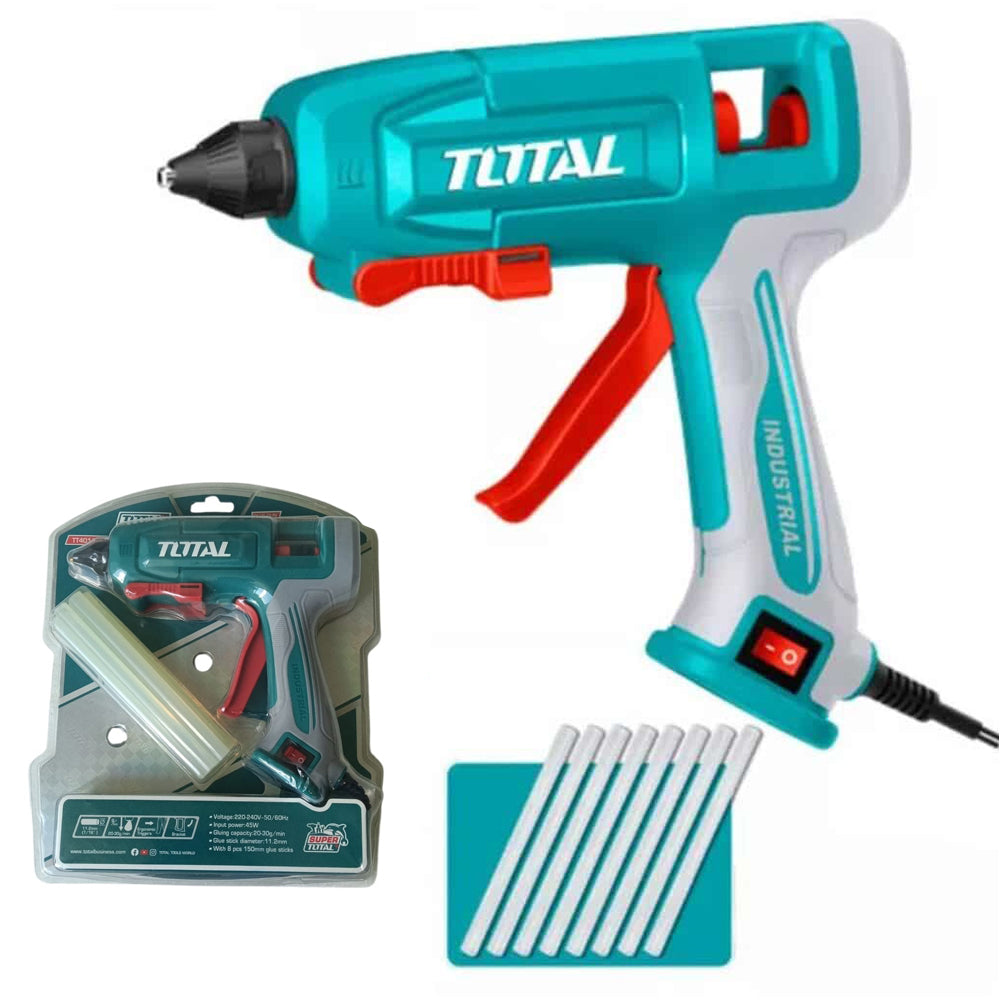Pistola de Silicona Caliente TOTAL Industrial 45W / 250W para Barras 11.2mm Flujo 20-30g/min con 8 Barras TT401116 S2321