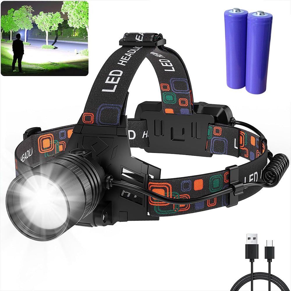 Linterna Frontal LED Recargable W519B 99000 Lúmenes Zoom Ajustable 90° IPX6 Batería 45H s2243