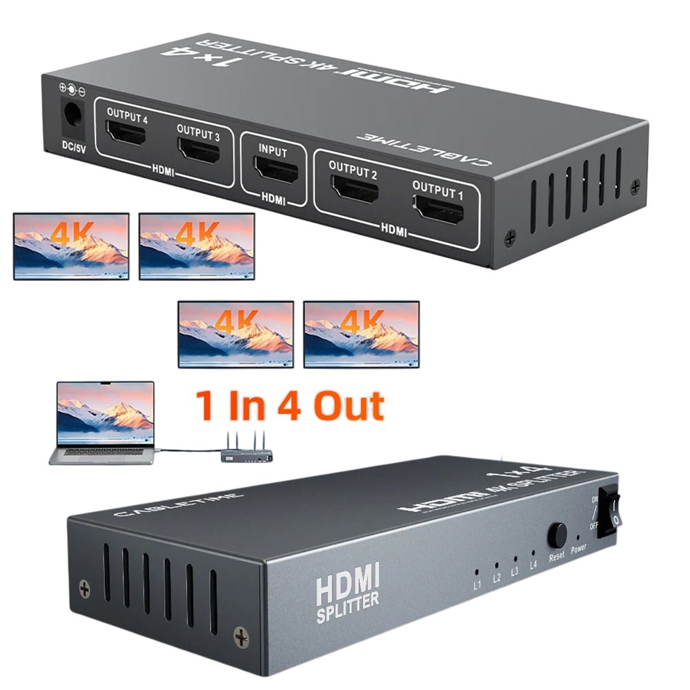 Splitter HDMI 1 X 4 CABLETIME 4K 30Hz Multiplicador 4 Pantallas HDR Chasis Metálico DC 5V CP38G S2284