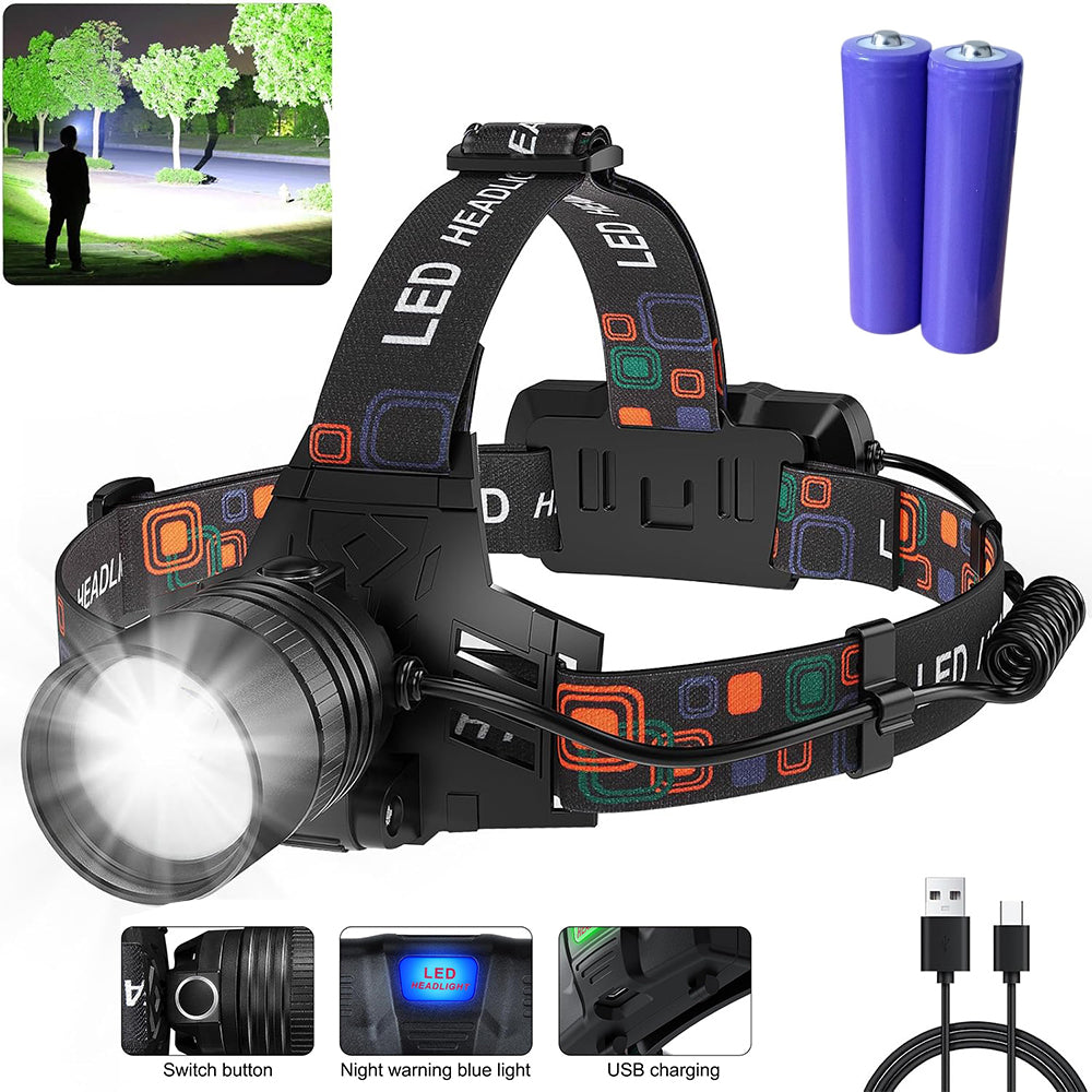 Linterna Frontal LED Recargable W519B 99000 Lúmenes Zoom Ajustable 90° IPX6 Batería 45H s2243