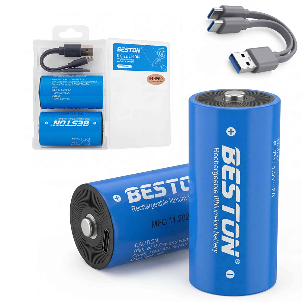 Kit de Pilas Recargables Tipo D Litio Beston USB-C 1.5V 7200mWh 4200mAh Pack x2 S2250