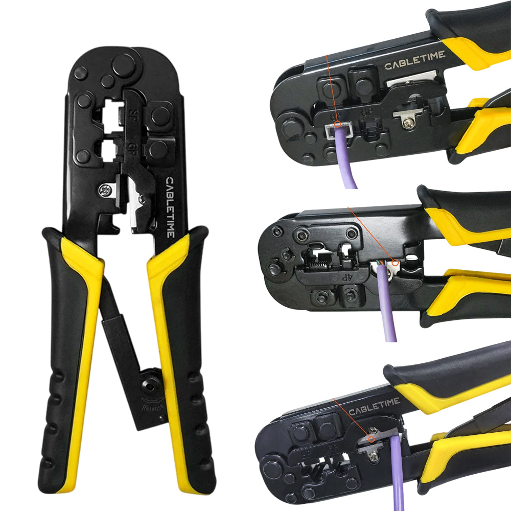 Alicate Crimpador Ponchadora 3 en 1 CABLETIME RJ45 Cat5 Cat6 RJ11 8P 6P 4P Acero al Carbono CNT1C S2273