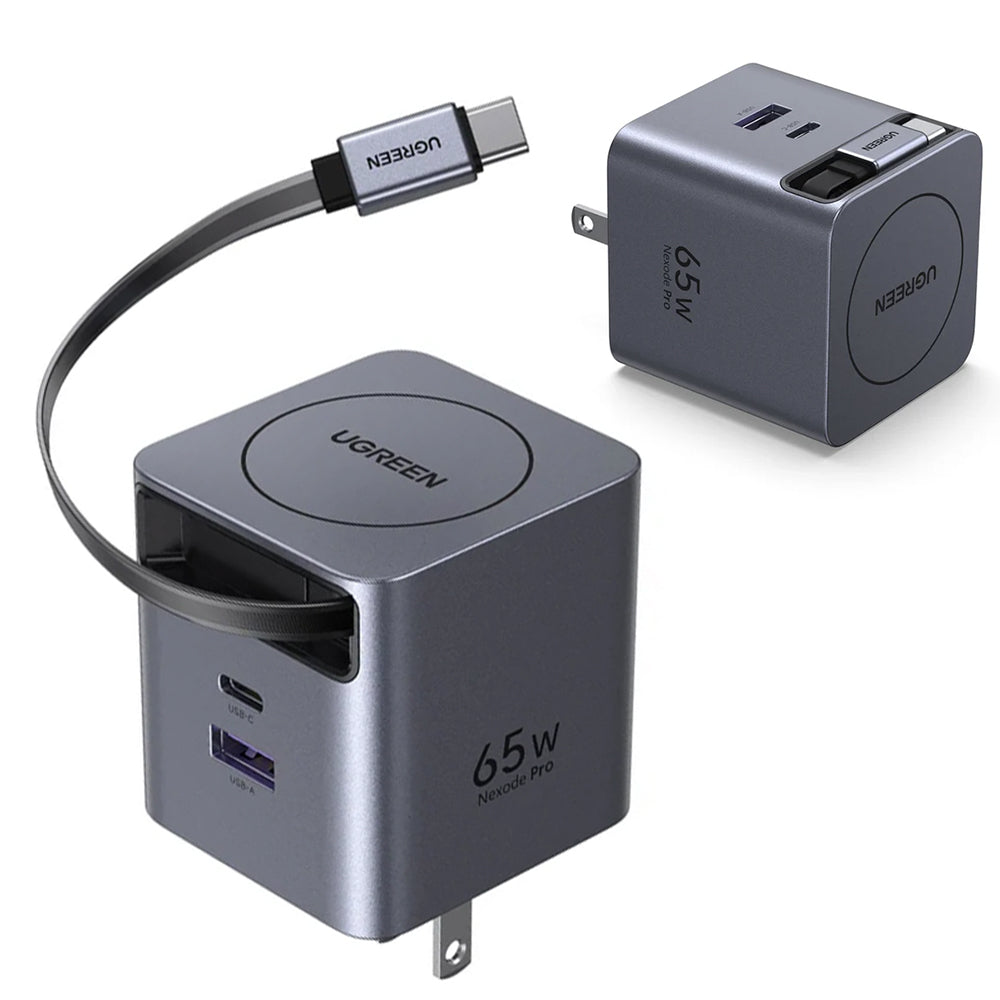 Cargador de Pared UGREEN Nexode Pro 65W GaN Cable USB-C Retráctil 0.7m Dual Port USB-C y USB-A 65824 S2299