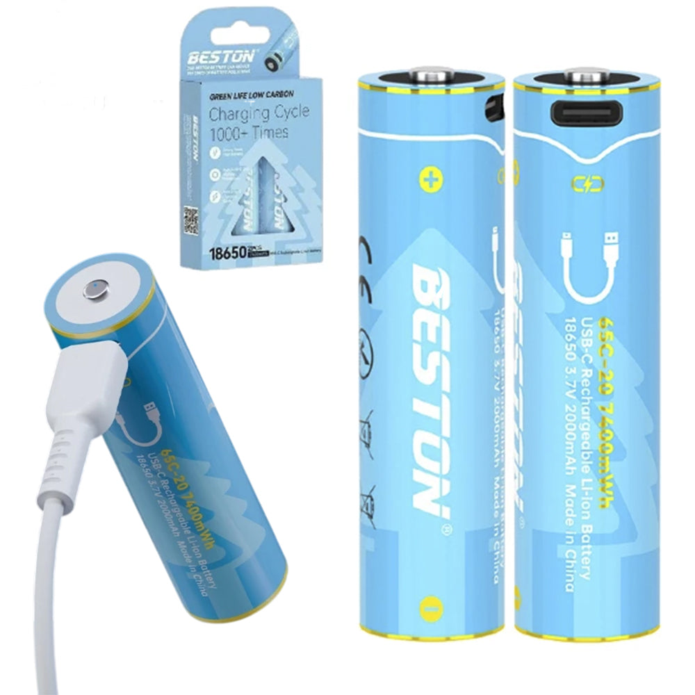 Pack 2 Pilas Recargables 18650 Litio BESTON 3.7V 2000mAh 7400mWh Carga Directa USB-C S2252