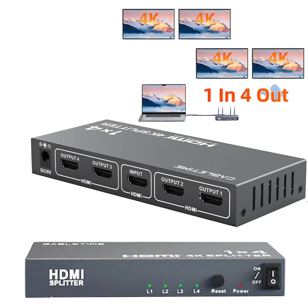 Splitter HDMI 1 X 4 CABLETIME 4K 30Hz Multiplicador 4 Pantallas HDR Chasis Metálico DC 5V CP38G S2284