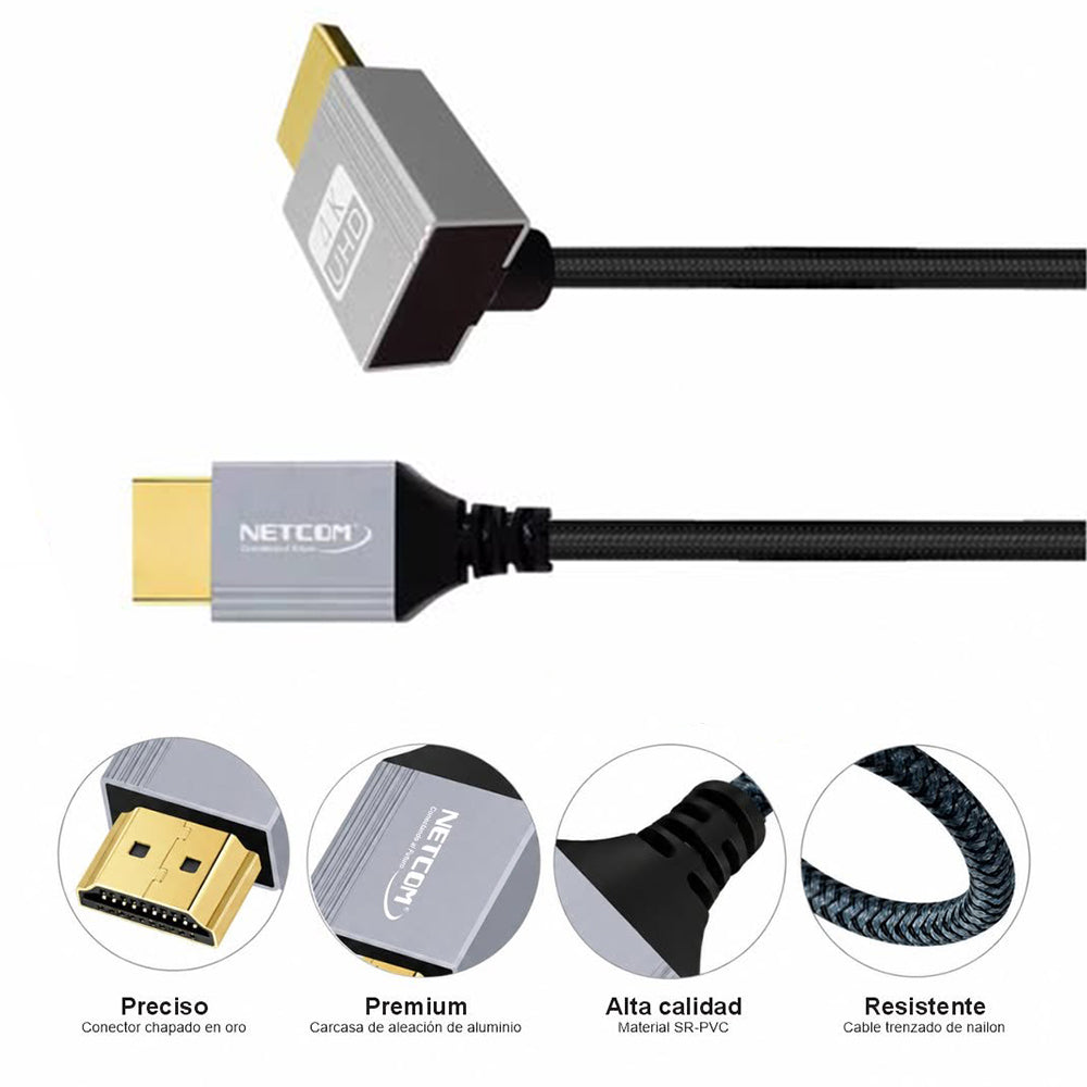 Cable HDMI 2.0 90° NETCOM 1.80m Ultra Delgado 4K 60Hz 18Gbps HDR Trenzado S2259