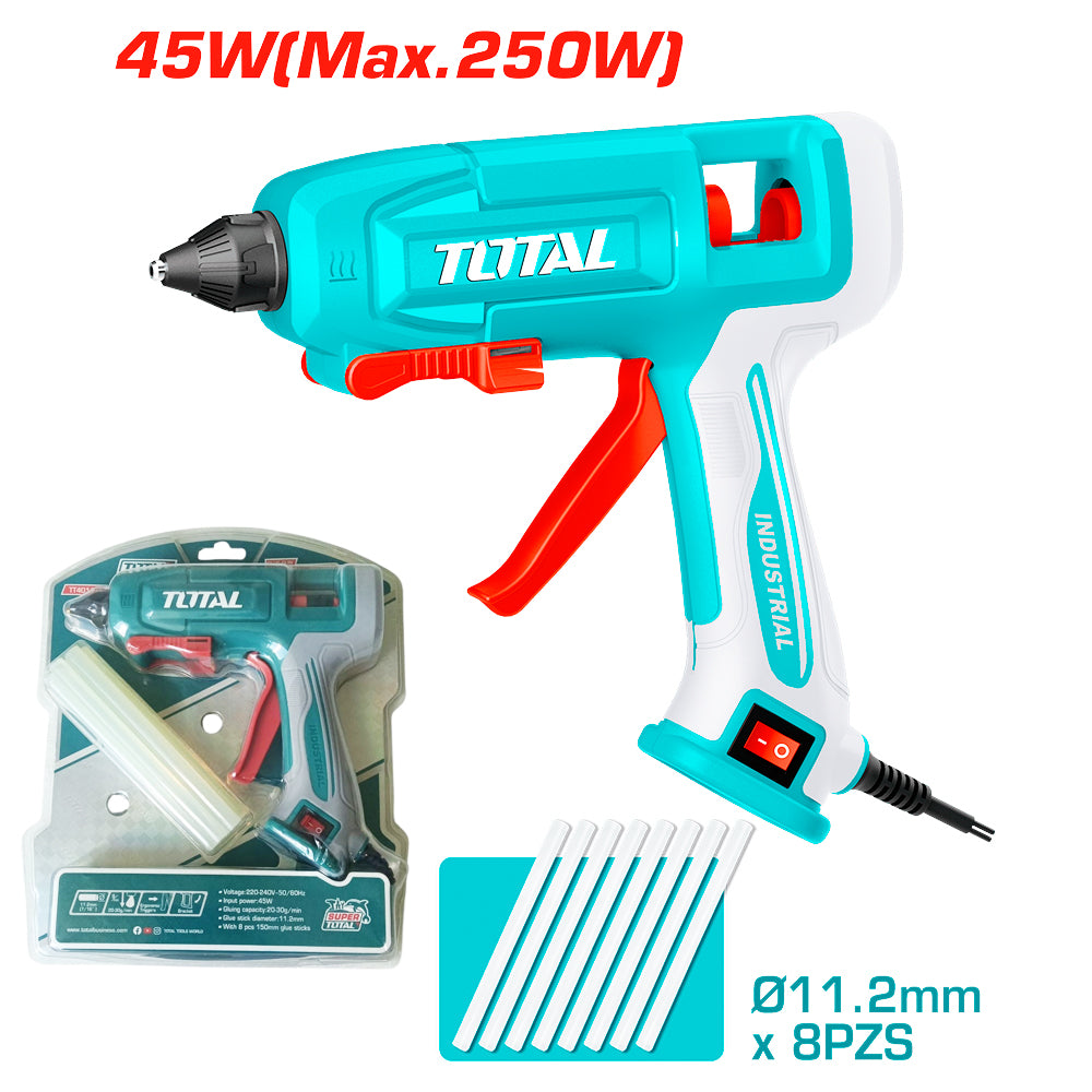Pistola de Silicona Caliente TOTAL Industrial 45W / 250W para Barras 11.2mm Flujo 20-30g/min con 8 Barras TT401116 S2321
