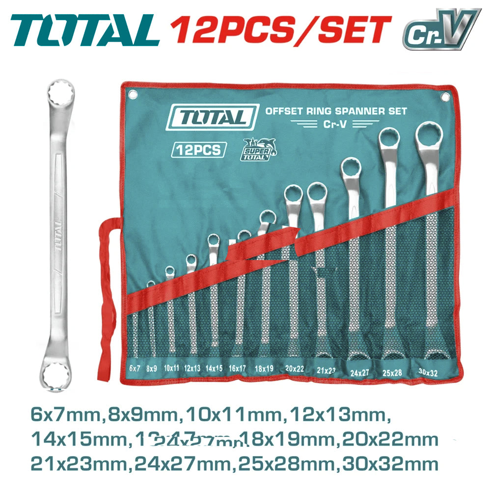 Juego de Llaves Doble Corona Acodadas 12 Piezas TOTAL 6-32mm Acero Cr-V con Estuche de Lona Enrollable THT1024121 S2320