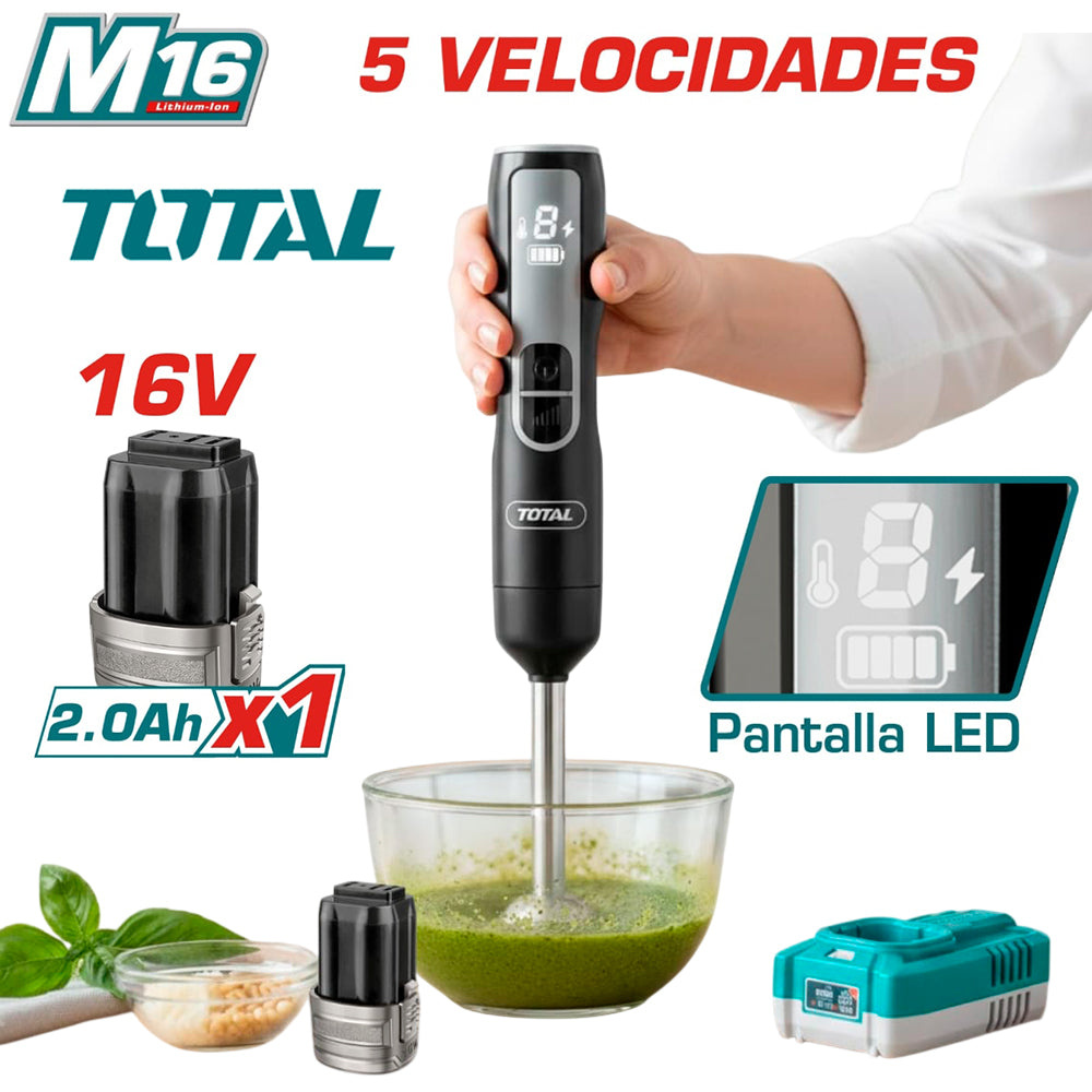 Batidora de Inmersión Inalámbrica TOTAL 16V 100W 5 Velocidades Pantalla LED Eje Acero Inoxidable Batería 2.0Ah y Cargador M16 TJB048K S2315