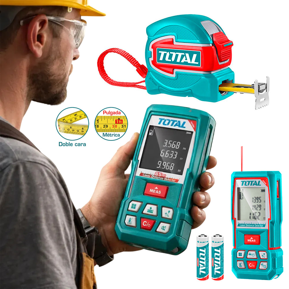 Kit de Medición Industrial TOTAL Medidor Láser 100m y Cinta Métrica 5m x 32mm Magnética TOS250902 S2303
