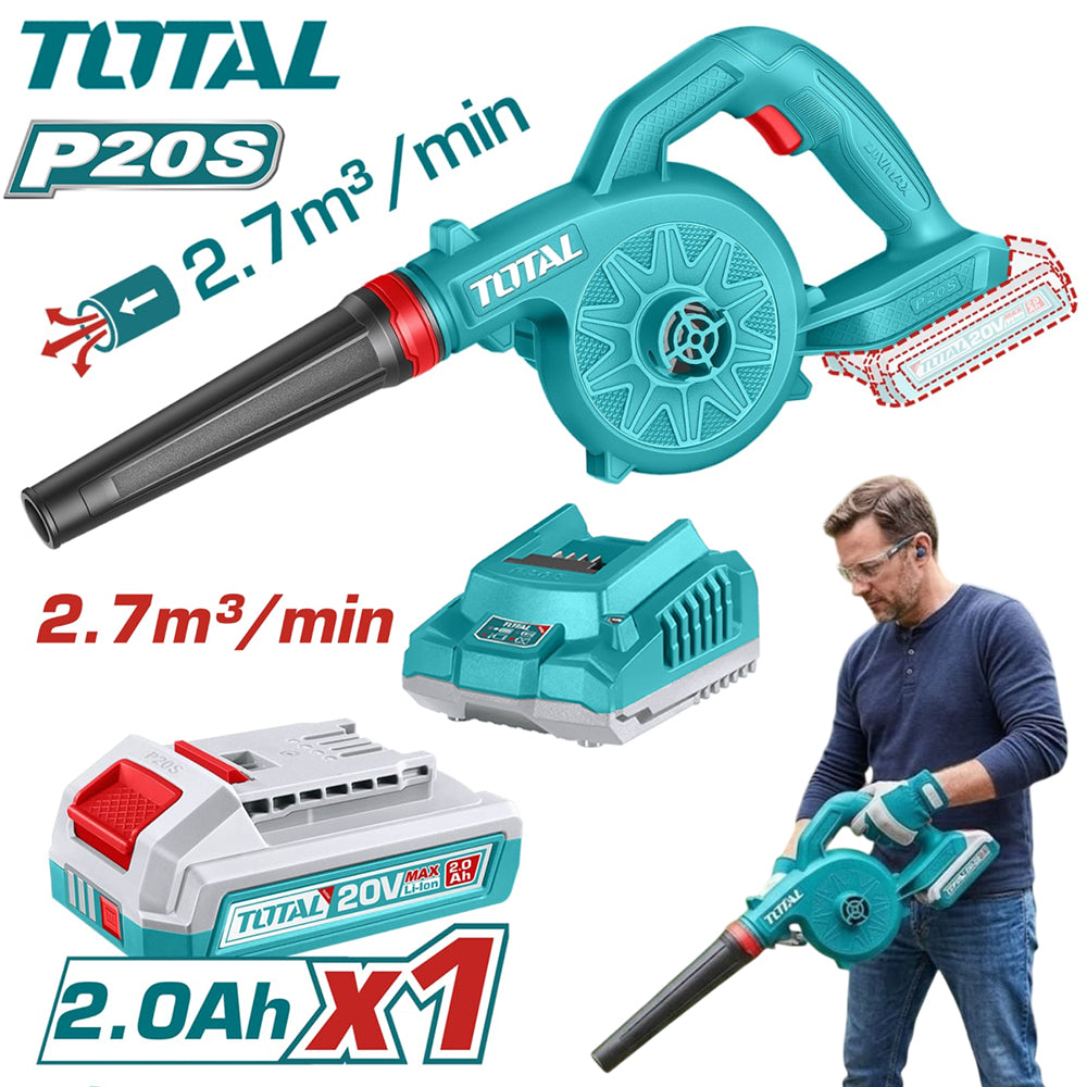 Sopladora Inalámbrica 20V TOTAL 18000 RPM 2.7 m³/min con Batería 2.0Ah y Cargador Plataforma P20S TABLI20781 S2317
