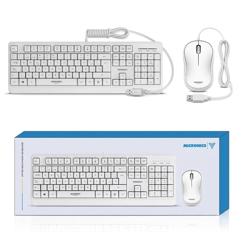 Kit Multimedia Teclado y Mouse USB Micronics Norton Blanco Waterproof UV 1000DPI MIC T100W s2240