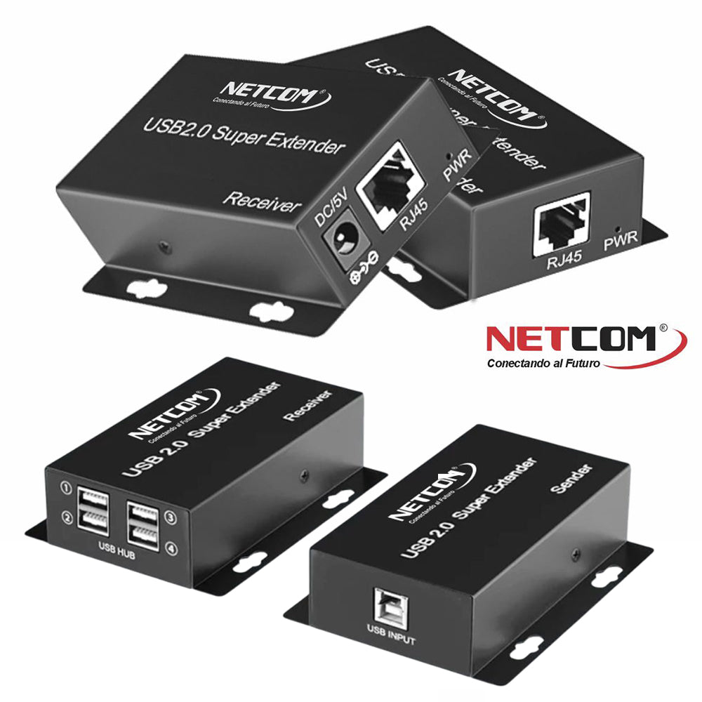 Kit Extensor USB 2.0 de 4 Puertos por Cable de Red RJ45 hasta 60 Metros (Netcom) s2081
