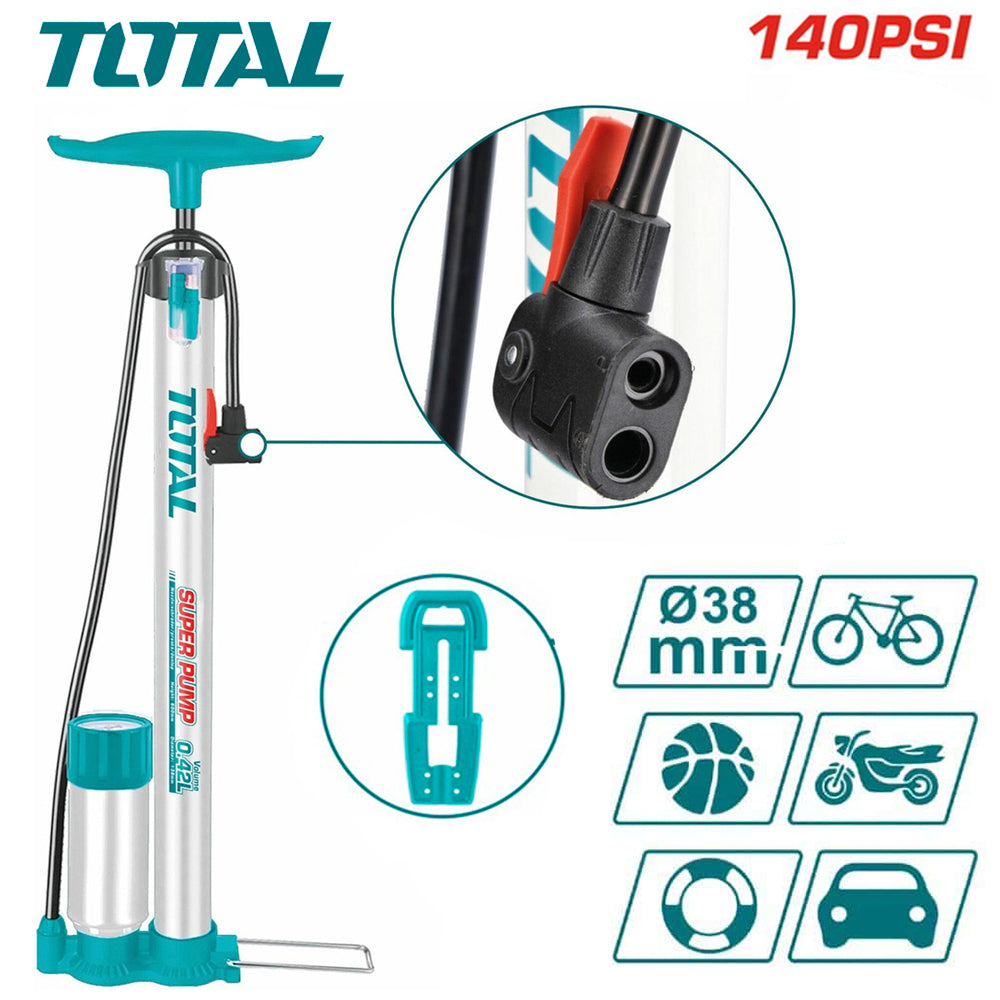 Inflador Manual de Pie TOTAL 38x500mm con Tanque y Manómetro 50mm Bar/PSI Cabezal Multiválvula TMPP3811 S2324