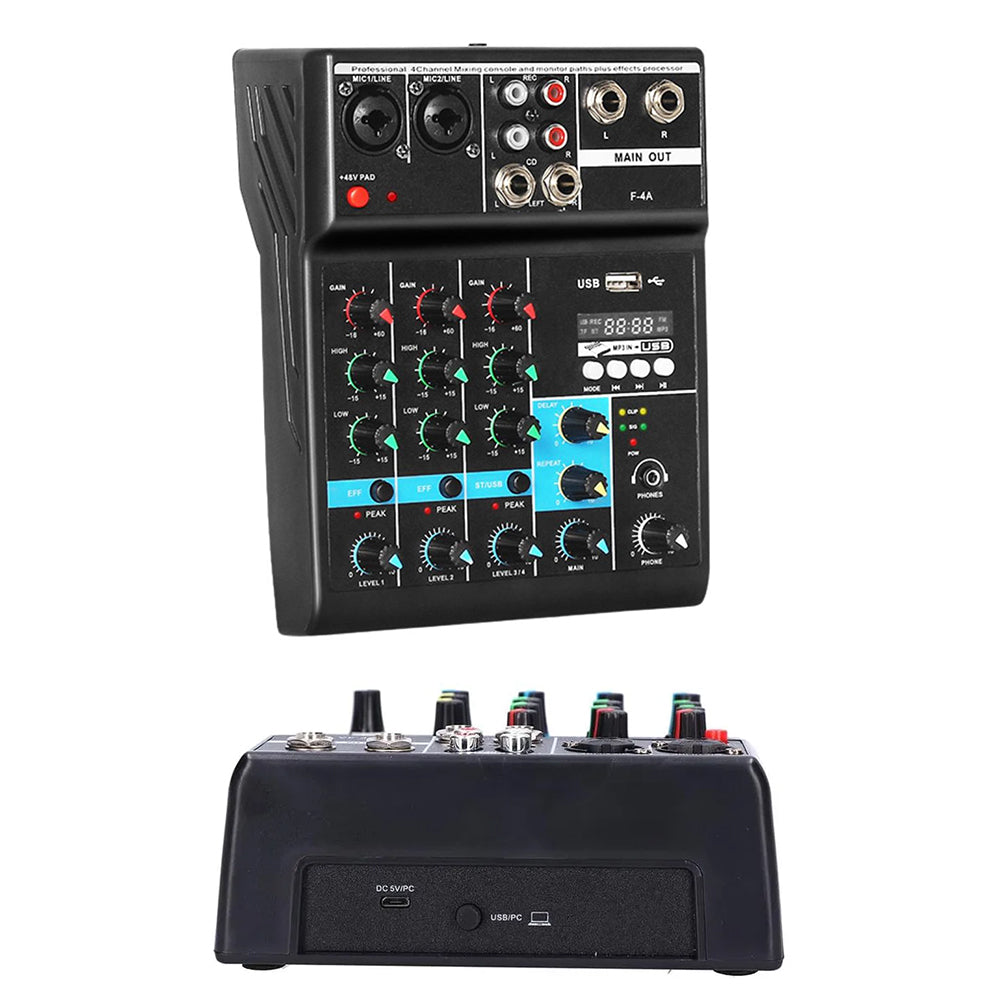 Consola Mezcladora de Audio Profesional 4 Canales Bluetooth USB Phantom +48V Tarjeta de Sonido F-4A S2256