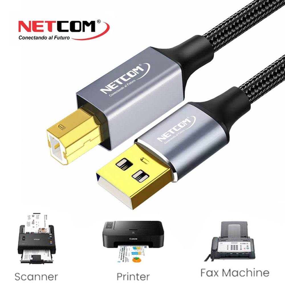 Cable USB 2.0 para impresora 3 Metros NETCOM 480Mbps USB A a USB B S2057