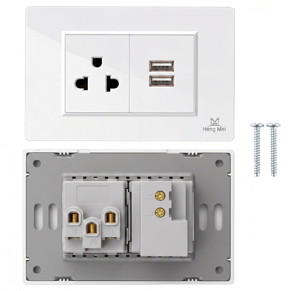 Tomacorriente de Pared Universal Heng Mei con Doble Puerto USB-A 15A 127V-250V Blanco S2254