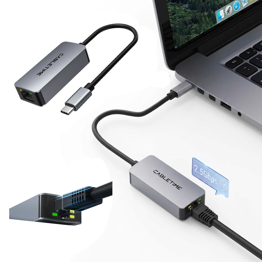 Adaptador USB-C a Red Ethernet RJ45 2.5G CABLETIME 2500Mbps Aluminio Plug & Play MacBook PC CB57G s2264