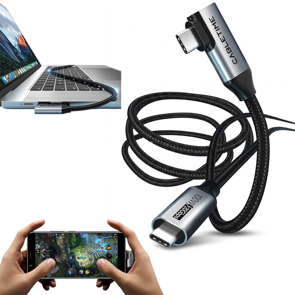 Cable USB-C a USB-C 90° 1 Metro CABLETIME 100W 20Gbps Video 4K 60Hz Chip E-Marker Nylon Trenzado CU24H S2269