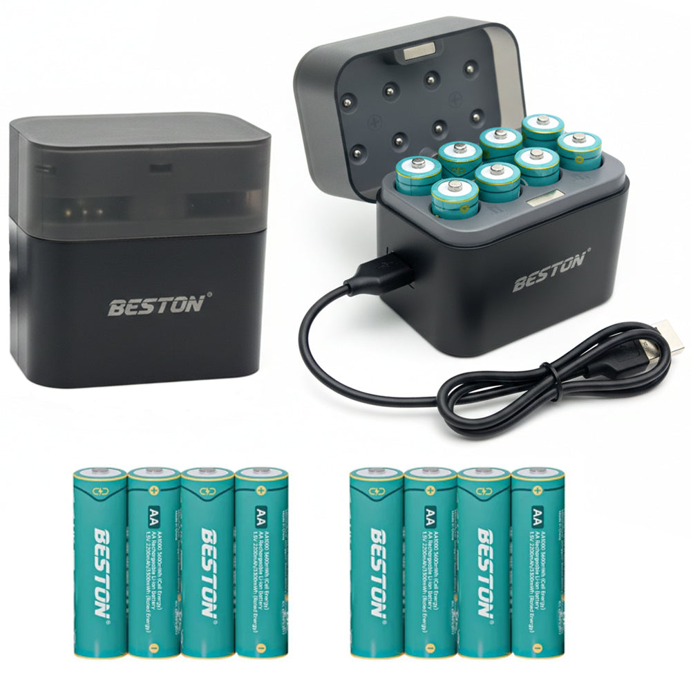 Cargador de Pilas Recargables Beston Híbrido (Ni-MH + Li-ion) + 8 pilas AA S2002