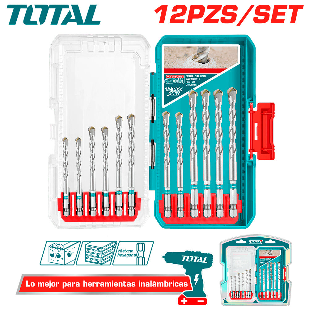 Juego de Brocas para Albañilería y Concreto 12 Piezas TOTAL 3-10mm Vástago Hexagonal 1/4" Punta de Carburo con Estuche Industrial TACSDL12206 S2323
