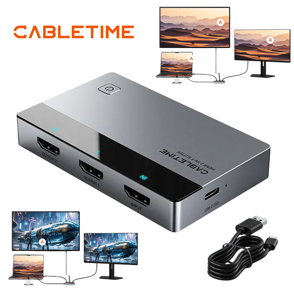 Splitter HDMI 1 en 2 CABLETIME 4K 60Hz Duplicador Extensor Espejo ABB/AAA USB-C Aluminio PS5 PC CP36G S2281