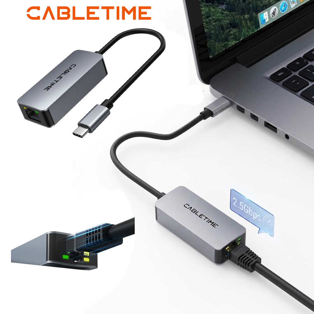 Adaptador USB-C a Red Ethernet RJ45 2.5G CABLETIME 2500Mbps Aluminio Plug & Play MacBook PC CB57G s2264