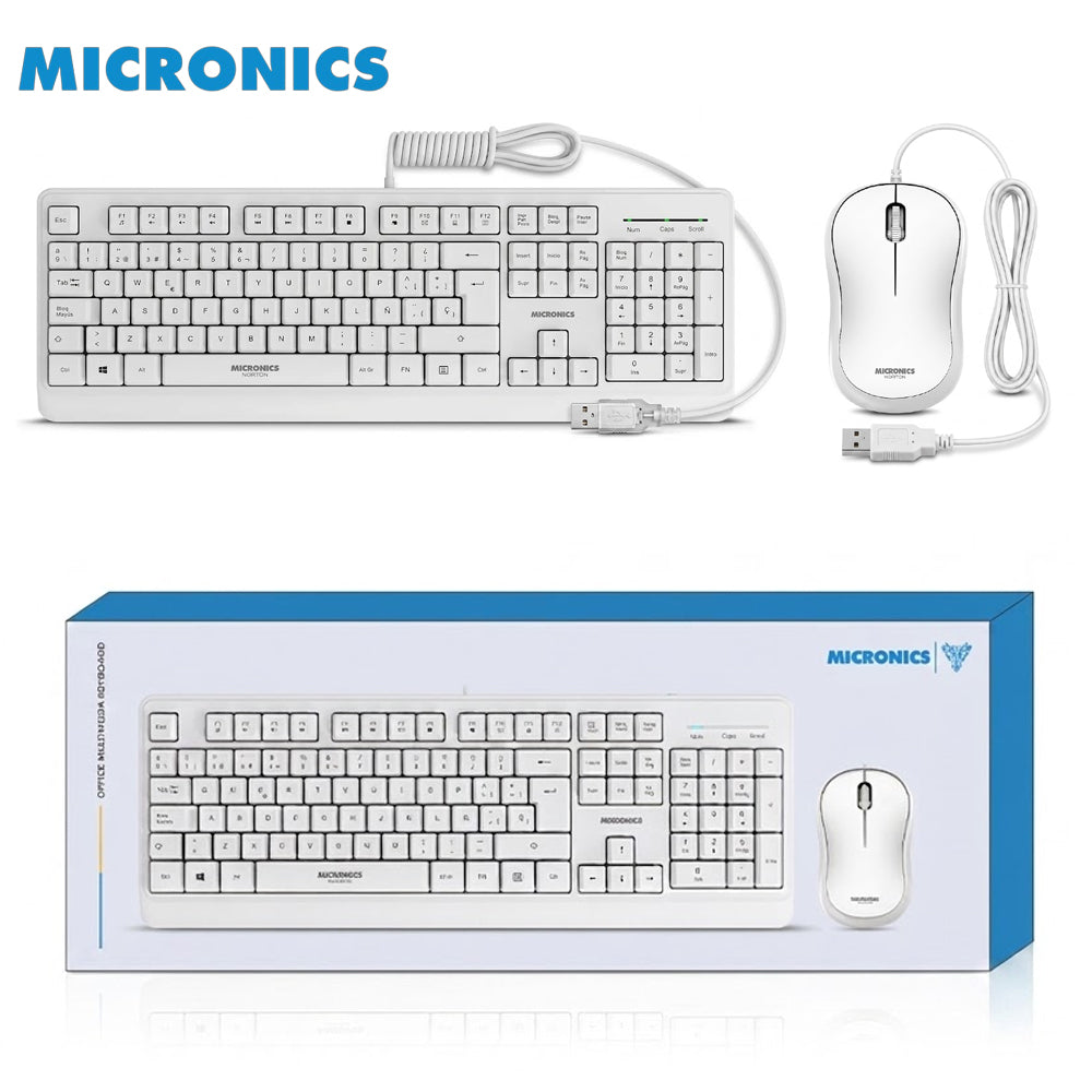 Kit Multimedia Teclado y Mouse USB Micronics Norton Blanco Waterproof UV 1000DPI MIC T100W s2240