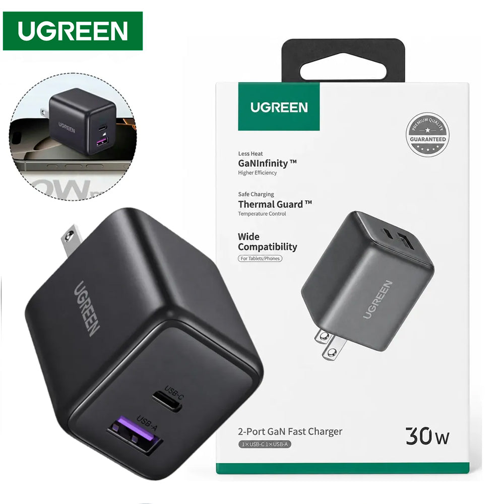 Cargador de Pared UGREEN 30W GaN USB-C y USB-A PD 3.0 QC 4.0 Carga Rápida Dual 65025 S2287