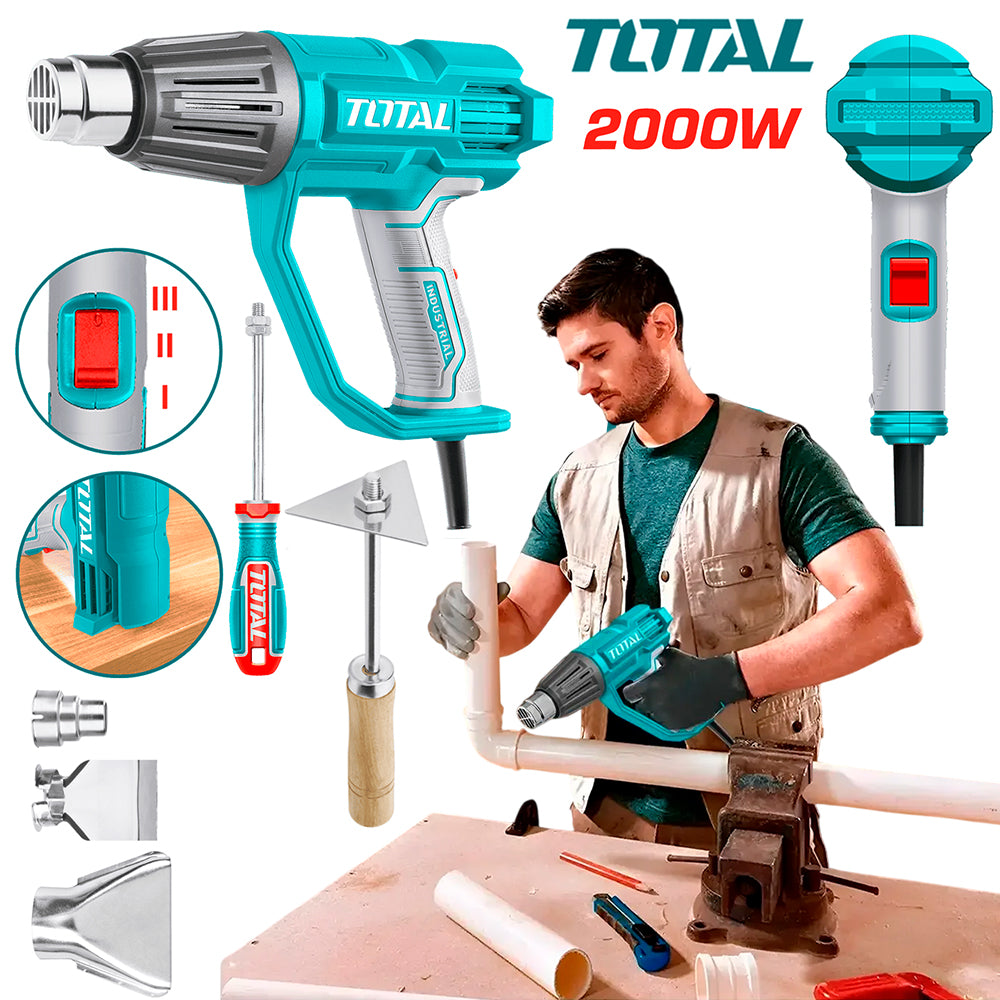 Pistola de Calor Eléctrica TOTAL 2000W 220V Decapador Térmico Industrial con 4 Accesorios y Rascador TB20078 S2314