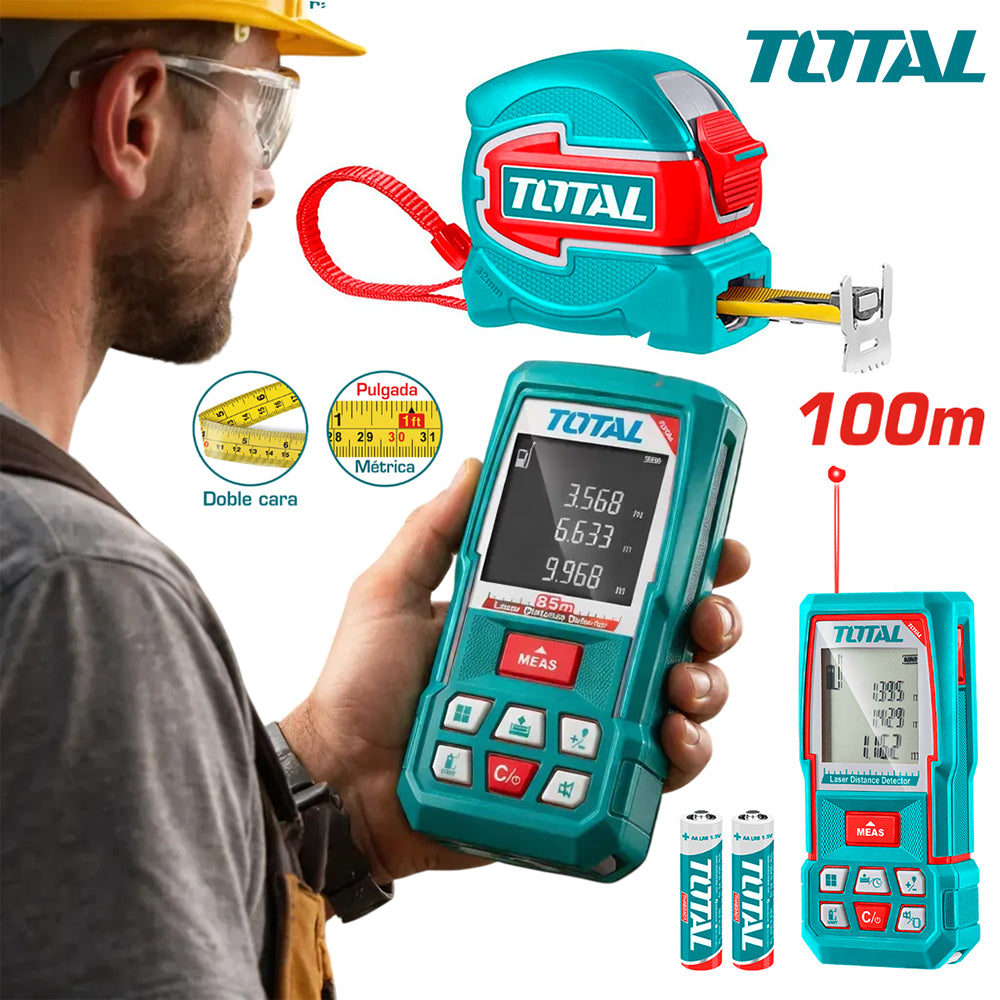 Kit de Medición Industrial TOTAL Medidor Láser 100m y Cinta Métrica 5m x 32mm Magnética TOS250902 S2303