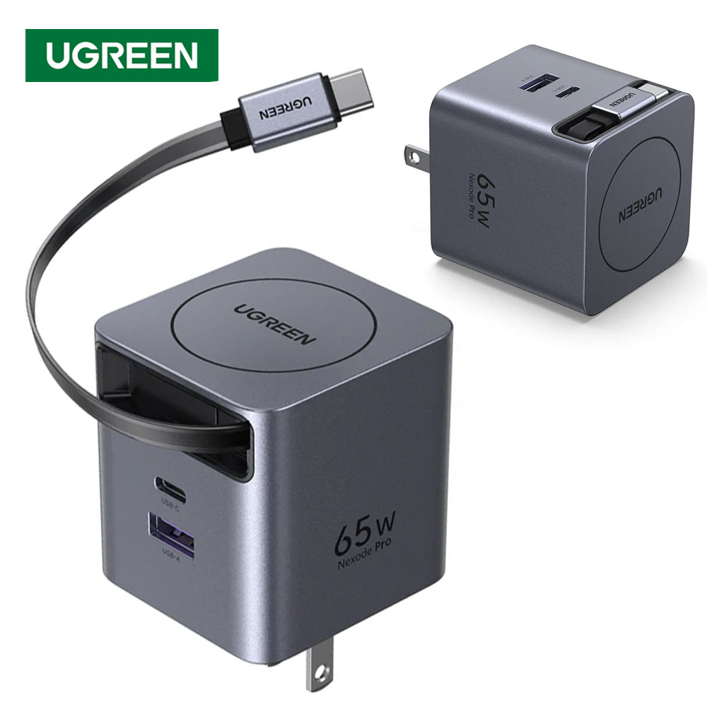Cargador de Pared UGREEN Nexode Pro 65W GaN Cable USB-C Retráctil 0.7m Dual Port USB-C y USB-A 65824 S2299