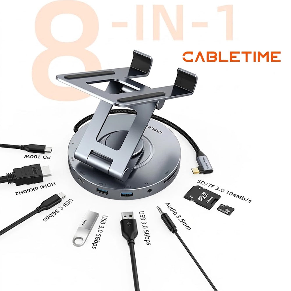 Docking Station y Soporte 8 en 1 USB-C CABLETIME 4K 60Hz PD 100W SD/TF 3.5mm Base Giratoria 360° iPad Pro Air CB02G S2277