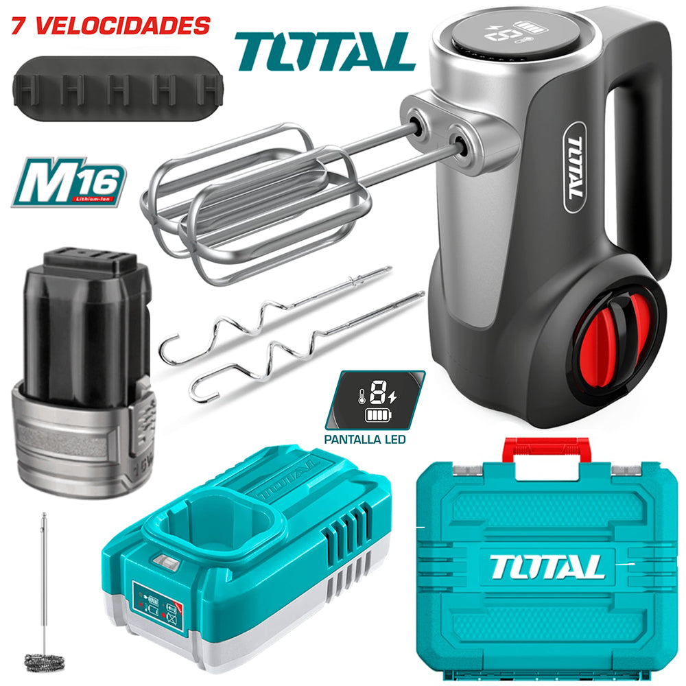Set de Batidora Inalámbrica 16V TOTAL 7 Velocidades Pantalla LED Batería 2.0Ah Cargador y Maletín M16 TMK023K S2309