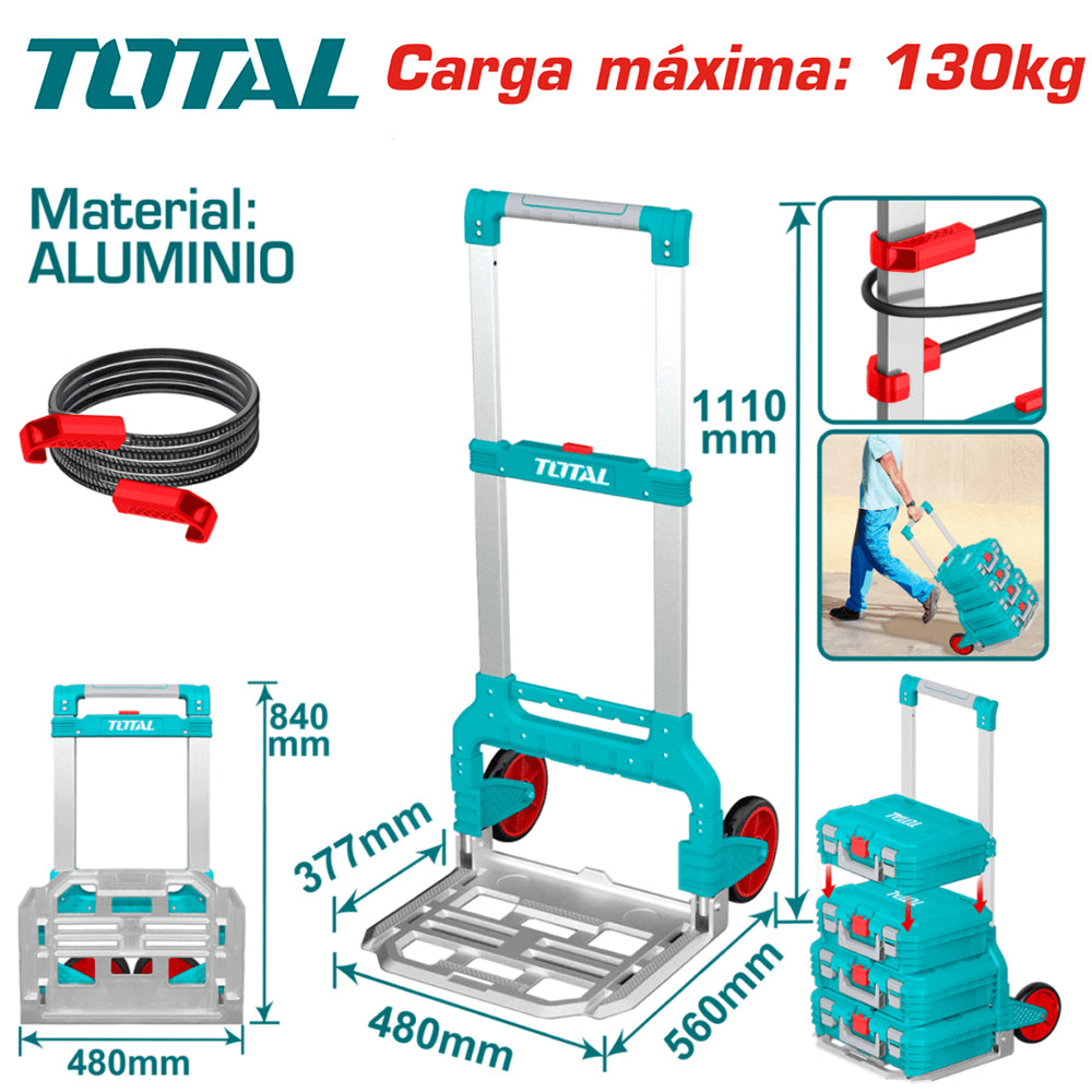 Carro de Carga Plegable TOTAL Industrial 130kg de Aluminio con Ruedas TPR 175mm y Cuerda Elástica THWB61201 S2325