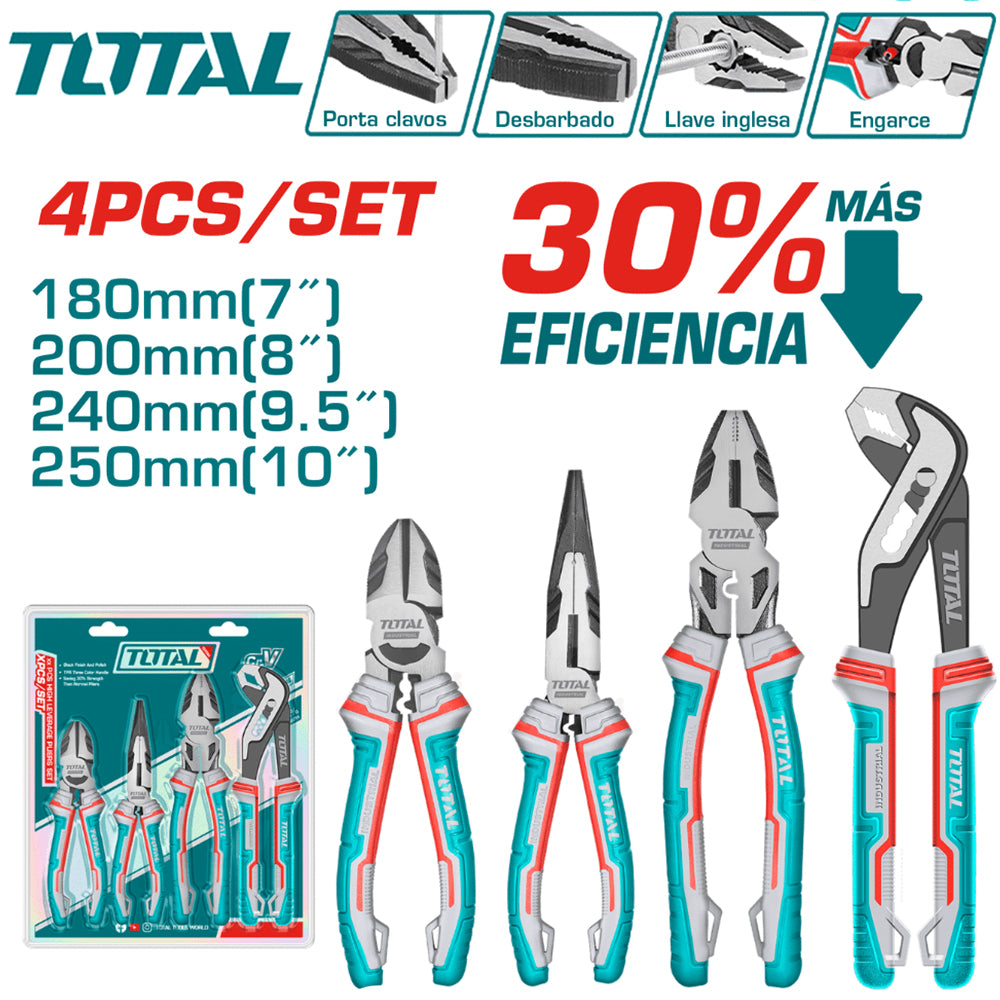 Juego de Alicates 4 Piezas TOTAL Industrial Acero Cr-V Alta Palanca Ahorro 30% Mango TPR Tri-Color THT2K0498 S2316