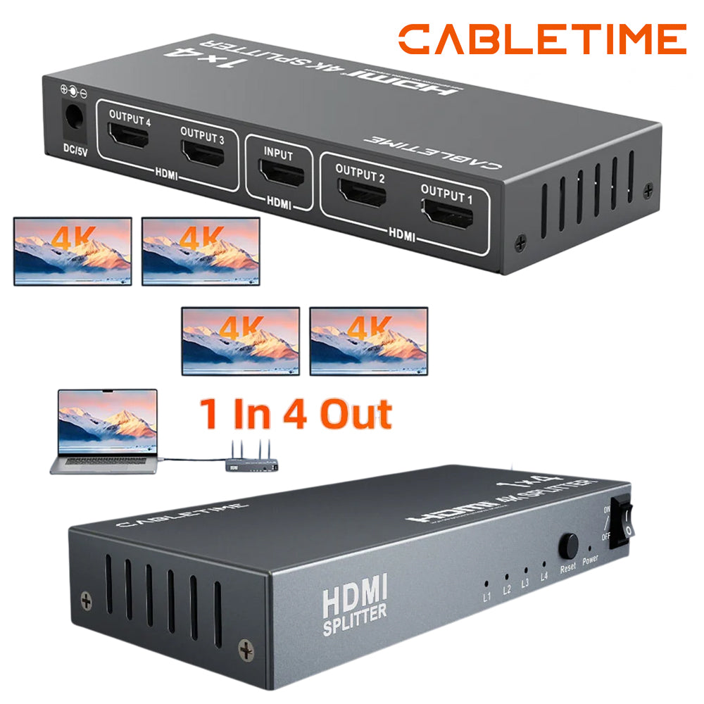Splitter HDMI 1 X 4 CABLETIME 4K 30Hz Multiplicador 4 Pantallas HDR Chasis Metálico DC 5V CP38G S2284