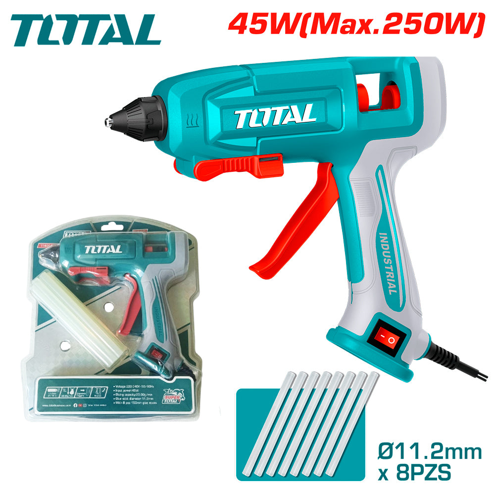 Pistola de Silicona Caliente TOTAL Industrial 45W / 250W para Barras 11.2mm Flujo 20-30g/min con 8 Barras TT401116 S2321