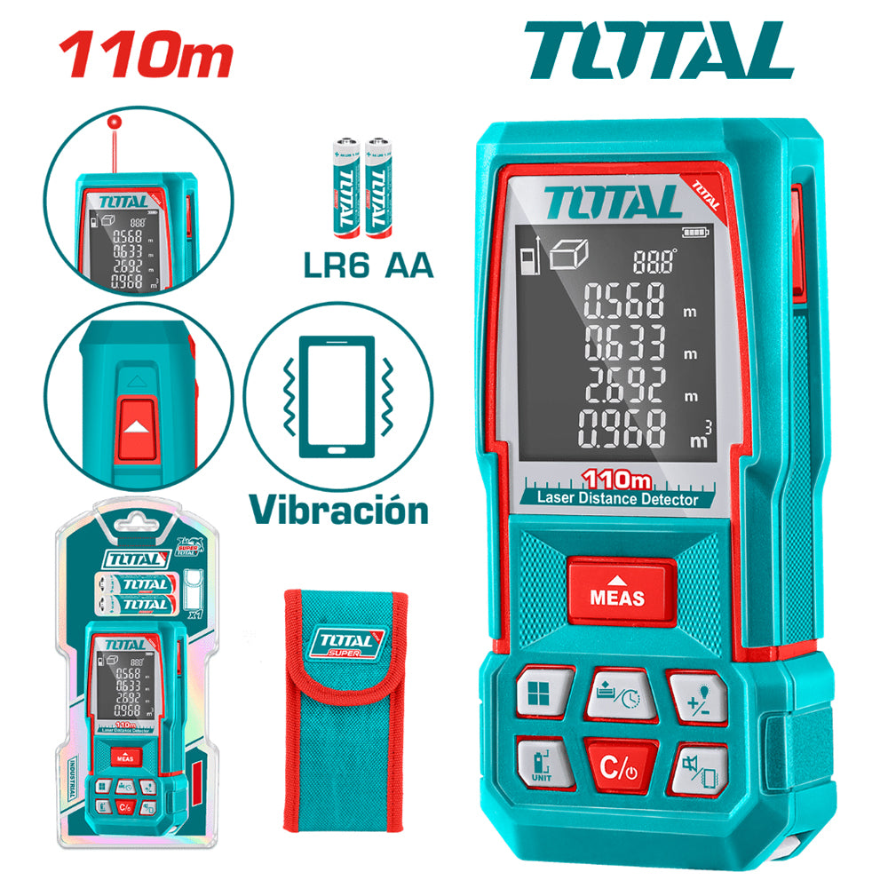 Medidor de Distancia Láser TOTAL 110m Telémetro Digital Industrial Precisión ±2mm Sensor de Inclinación Vibración Pantalla LCD TMT510369 S2308