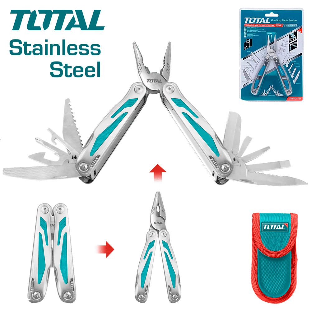 Pinza Multifuncional 15 en 1 TOTAL Acero Inoxidable Alicate Plegable con Estuche de Cinturón TFMFT01151 S2305