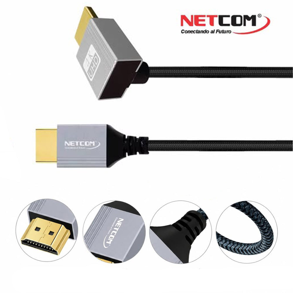 Cable HDMI 2.0 90° NETCOM 1.80m Ultra Delgado 4K 60Hz 18Gbps HDR Trenzado S2259