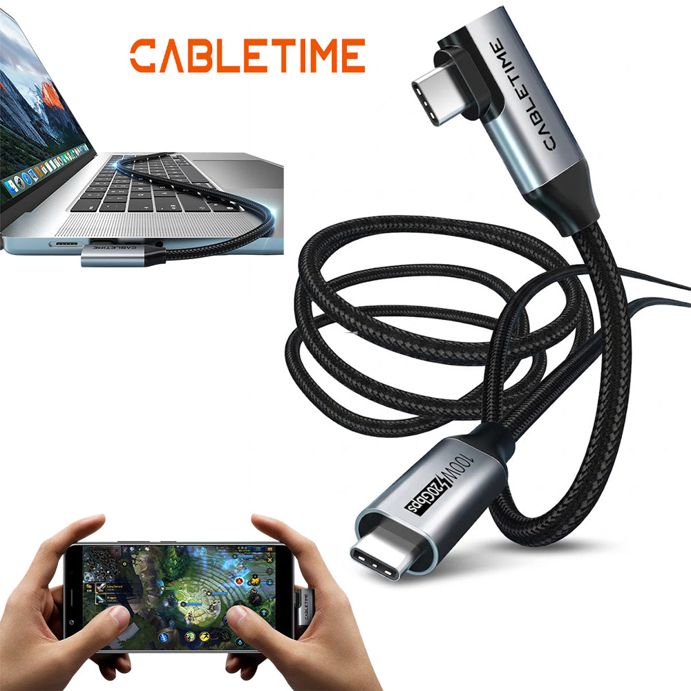 Cable USB-C a USB-C 90° 1 Metro CABLETIME 100W 20Gbps Video 4K 60Hz Chip E-Marker Nylon Trenzado CU24H S2269