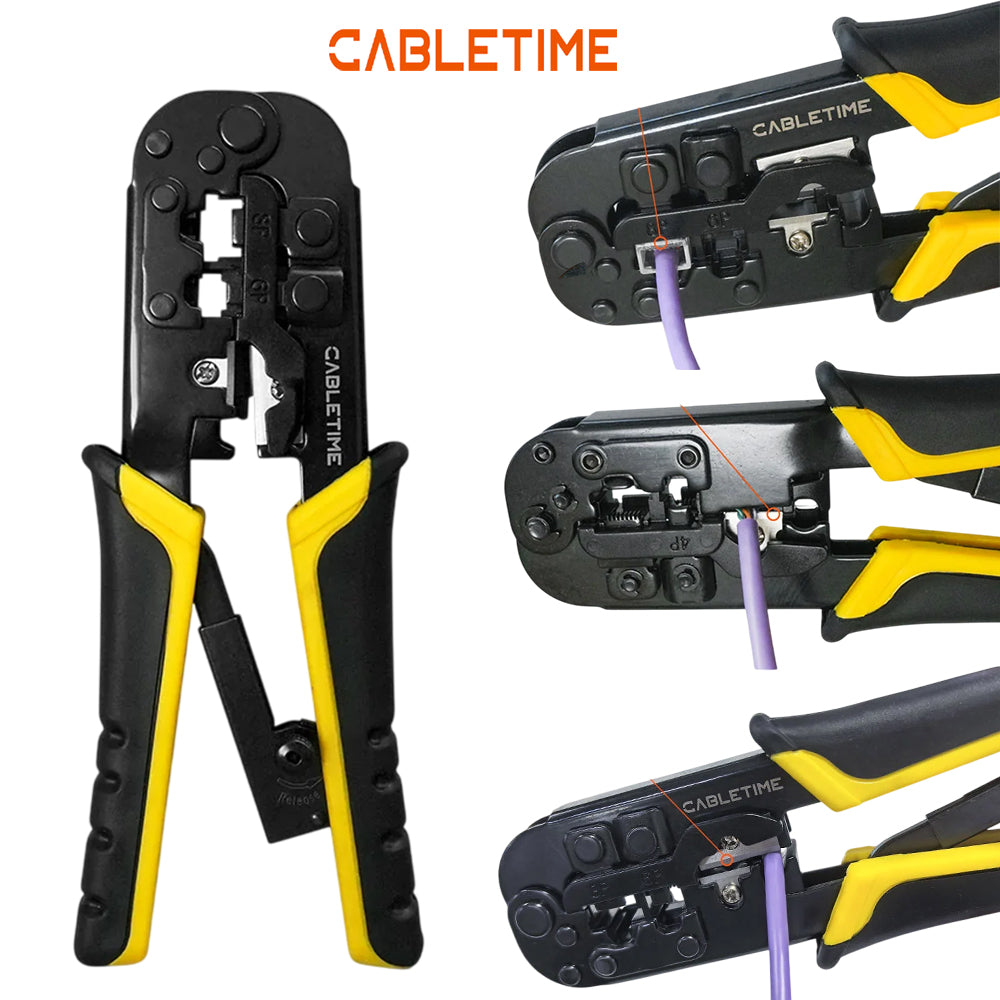 Alicate Crimpador Ponchadora 3 en 1 CABLETIME RJ45 Cat5 Cat6 RJ11 8P 6P 4P Acero al Carbono CNT1C S2273