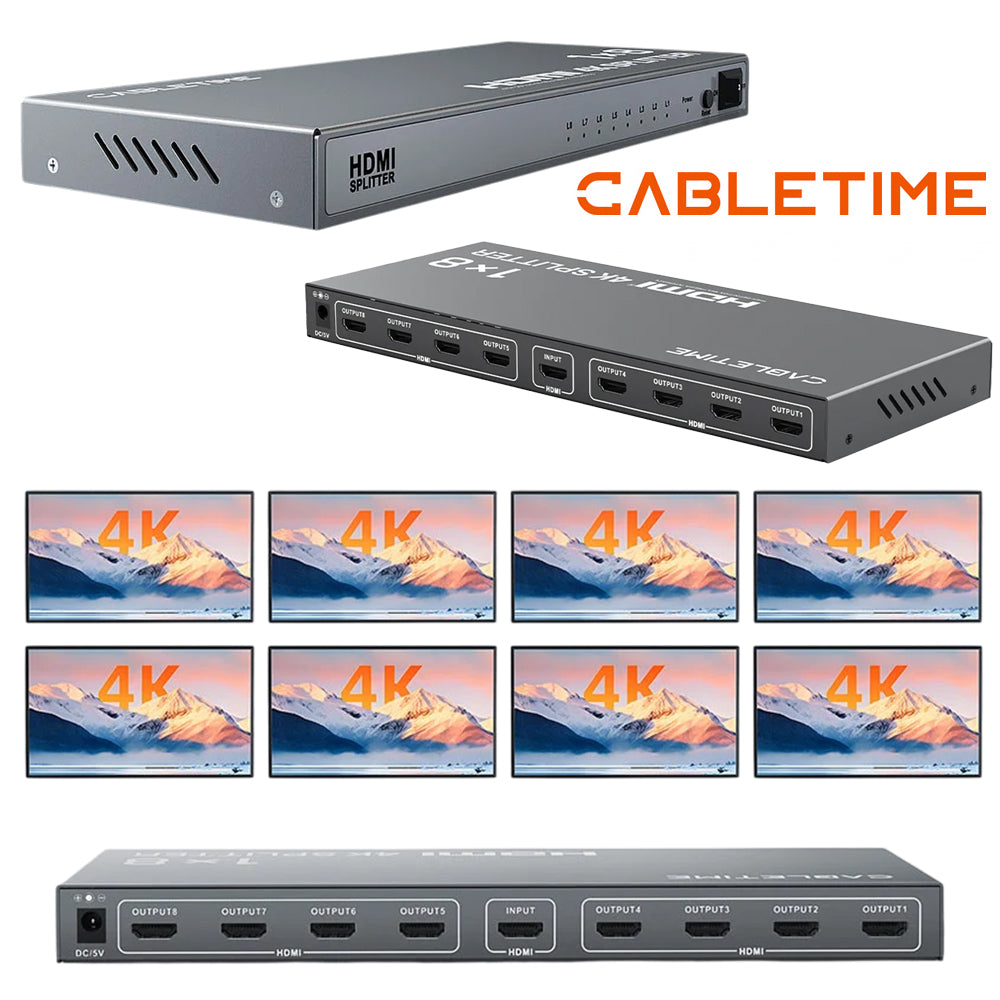 Splitter HDMI 1 X 8 CABLETIME 4K 30Hz Multiplicador 8 Pantallas HDR Chasis Metálico DC 5V CP39G S2285