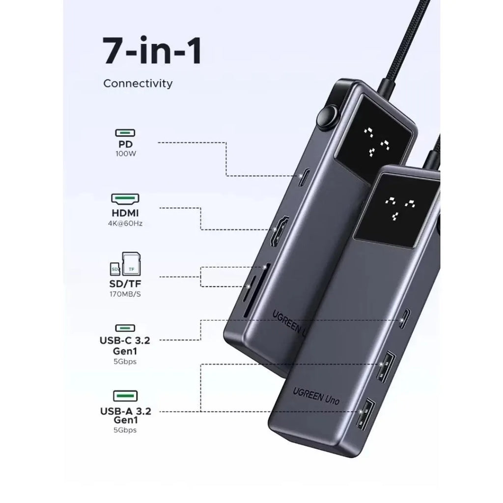 Adaptador Hub USB-C UGREEN UNO 7 en 1 HDMI 4K@60Hz Carga PD 100W Lector SD/TF y Pantalla Digital S2198