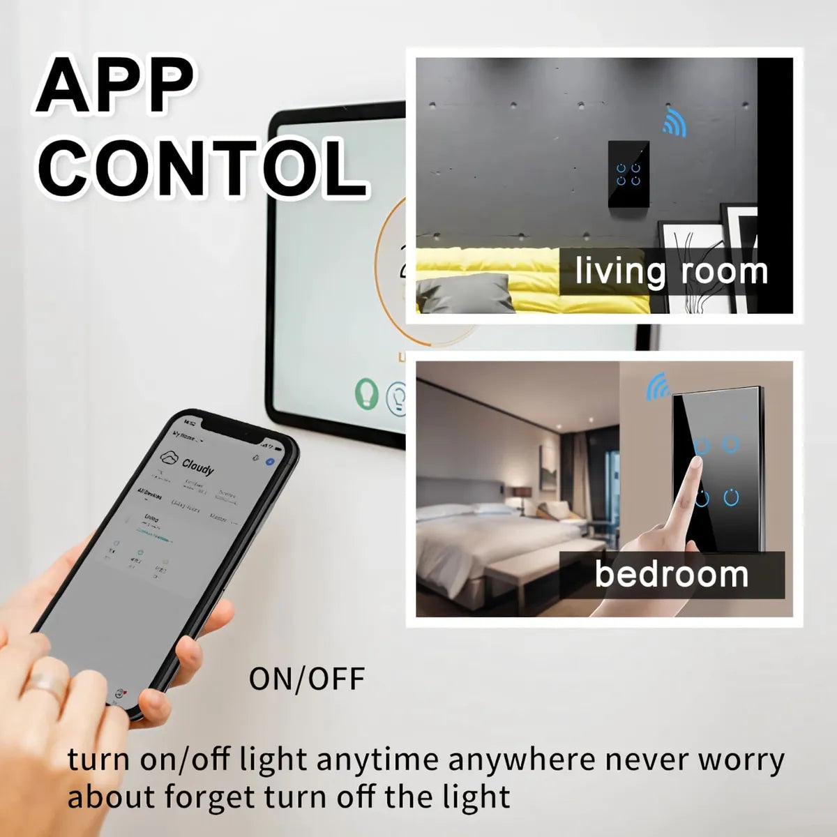 Interruptor Inteligente WiFi Triple de 3 Botones Táctil Negro S2156