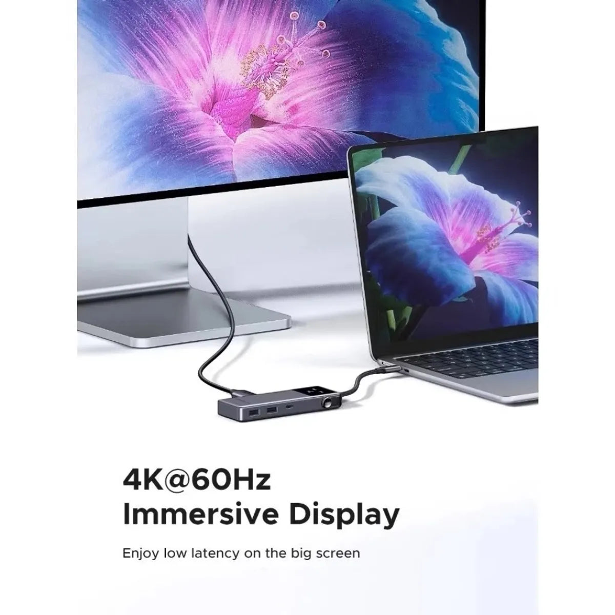 Adaptador Hub USB-C UGREEN UNO 7 en 1 HDMI 4K@60Hz Carga PD 100W Lector SD/TF y Pantalla Digital S2198